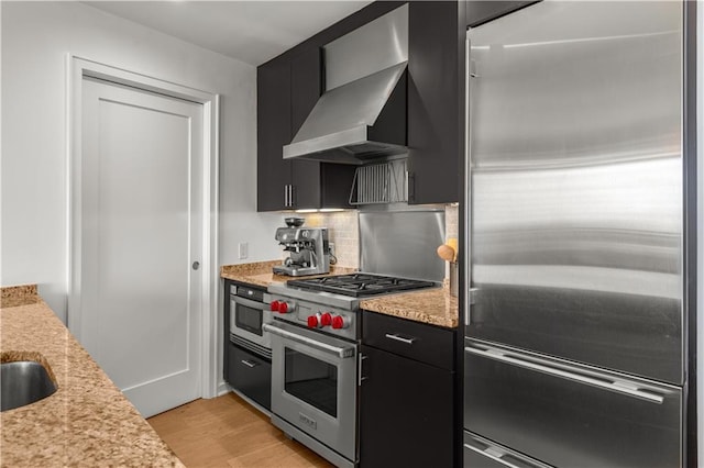 3325 Piedmont Rd NE Unit 2407, Atlanta, GA 30305 - kitchen featuring dark cabinets, backsplash, light wood finished floors, and high quality appliances