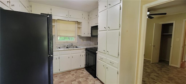 kitchen with white cabinets, a sink, light countertops, a ceiling fan, and black appliances