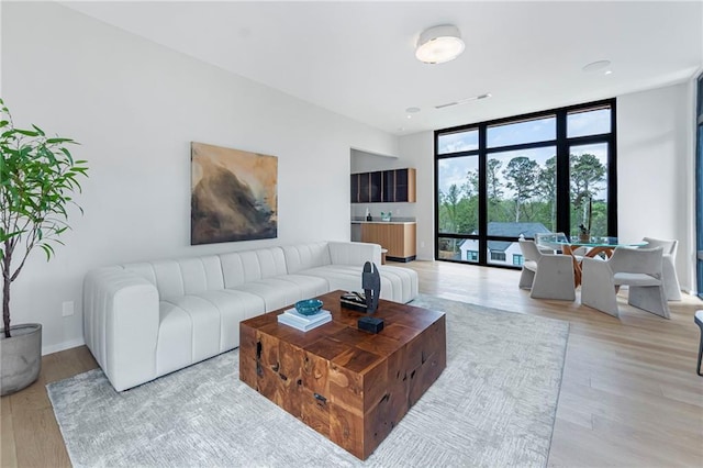 living room with a wall of windows, light wood-type flooring, and baseboards