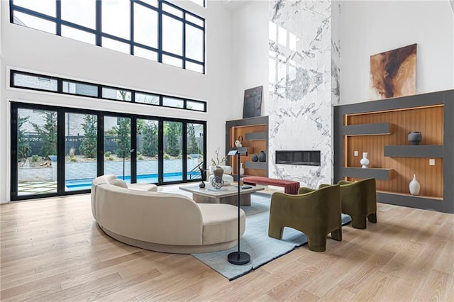 living area featuring a premium fireplace and wood finished floors