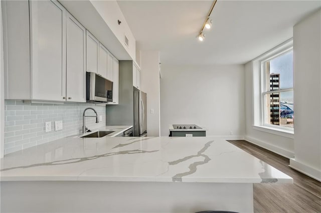 57 Forsyth St NW Unit 14B, Atlanta, GA 30303 - kitchen with stainless steel appliances, a sink, wood finished floors, and light stone counters