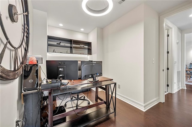 office featuring recessed lighting, wood finished floors, and baseboards