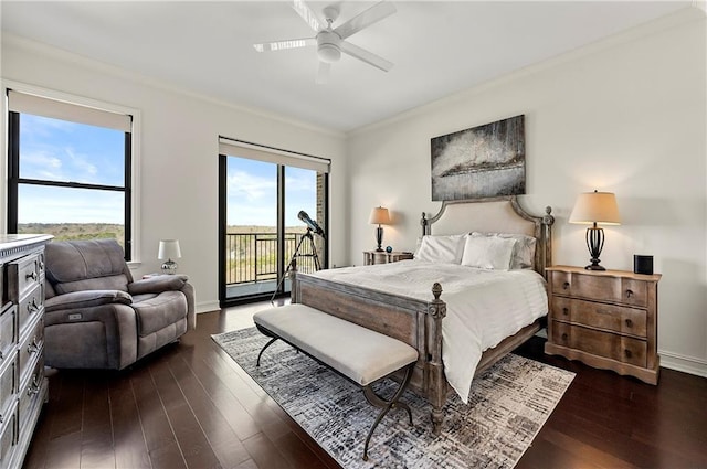 bedroom with access to exterior, crown molding, baseboards, a ceiling fan, and dark wood-style flooring