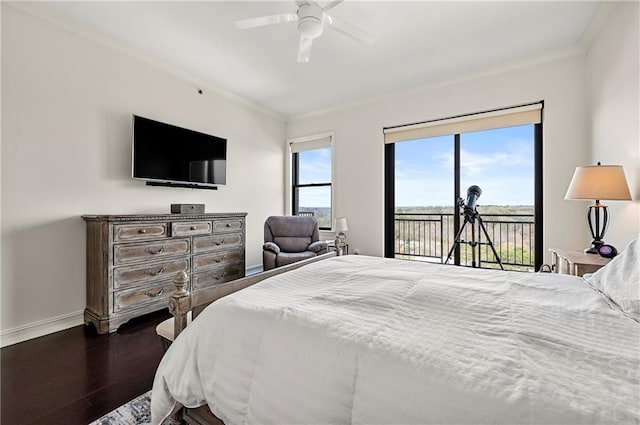 bedroom with dark wood-type flooring, ceiling fan, baseboards, ornamental molding, and access to outside