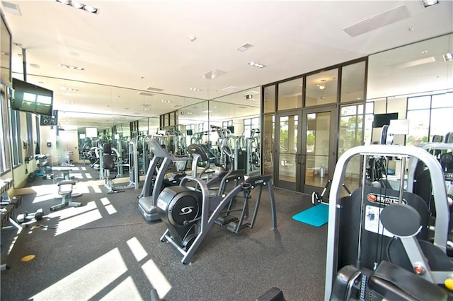 workout area with a wall of windows, french doors, and visible vents