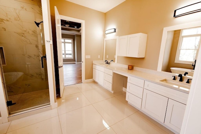 bathroom featuring double vanity, a stall shower, baseboards, and a sink