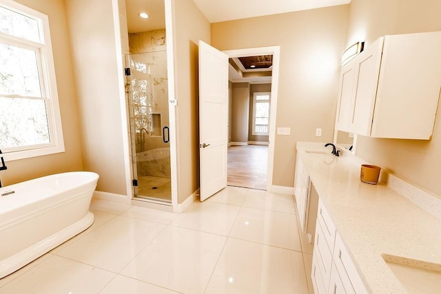 bathroom with a shower stall, baseboards, a freestanding bath, double vanity, and a sink