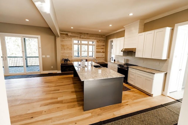 kitchen with range with electric cooktop, decorative backsplash, light wood-style flooring, white cabinets, and a sink