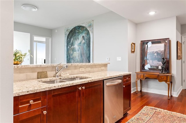 2795 Peachtree Rd NE Unit 2101, Atlanta, GA 30305 - kitchen with a sink, stainless steel dishwasher, dark wood-style flooring, and light stone counters