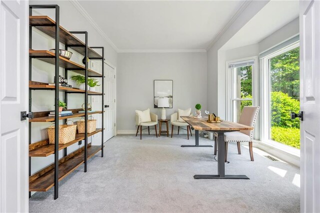 office area featuring carpet floors, baseboards, visible vents, and ornamental molding