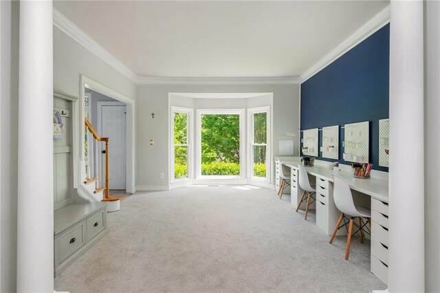 office space featuring carpet flooring, crown molding, baseboards, and built in desk