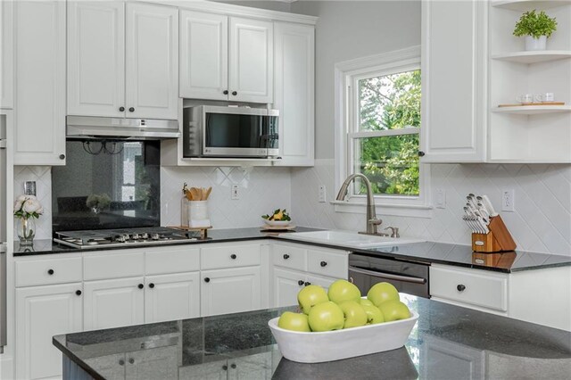 kitchen featuring open shelves, appliances with stainless steel finishes, a sink, white cabinetry, and under cabinet range hood