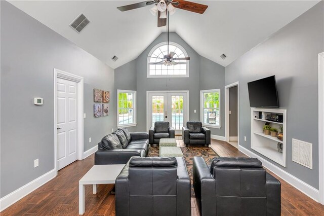 living area with ceiling fan, dark wood-style floors, and visible vents