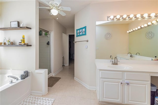 bathroom with shower with separate bathtub, vanity, and ceiling fan