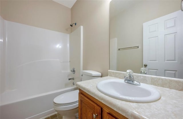 full bathroom featuring vanity, shower / bathing tub combination, toilet, and tile patterned flooring