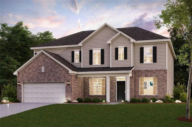 817 Dobby Way, Mcdonough, GA 30252 - view of front of house with brick siding, driveway, a lawn, an attached garage, and a shingled roof