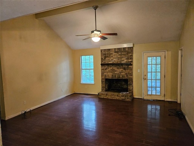 12 Lakemont Dr SE, Silver Creek, GA 30173 - unfurnished living room featuring hardwood / wood-style floors, a ceiling fan, baseboards, and a brick fireplace