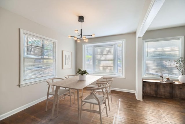 dining room with dark hardwood / wood-style floors and an inviting chandelier