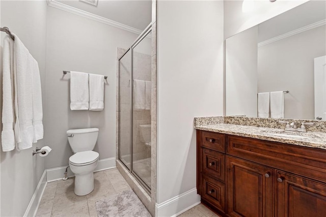 bathroom featuring crown molding, vanity, tile patterned floors, toilet, and walk in shower