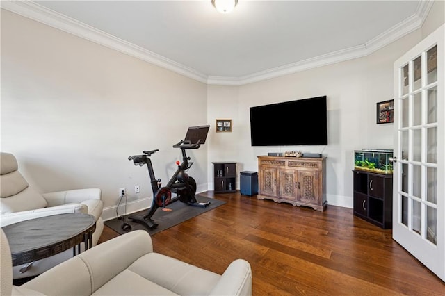 living room featuring ornamental molding and dark wood-type flooring