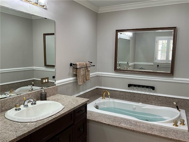 bathroom featuring a bathtub, vanity, and ornamental molding