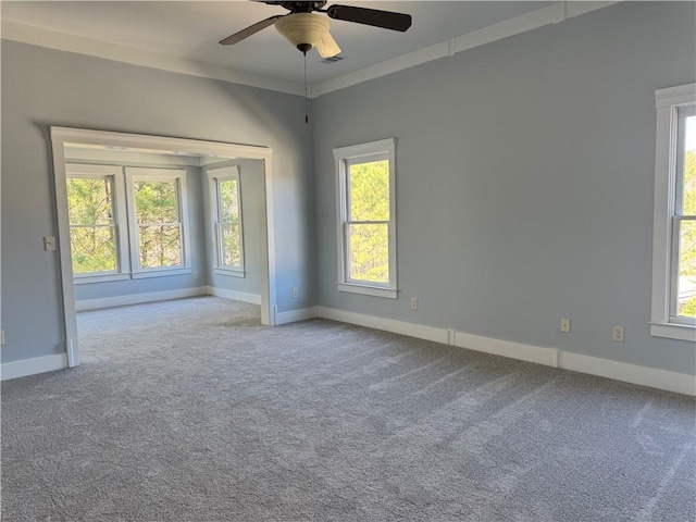 unfurnished room featuring carpet floors, plenty of natural light, and baseboards