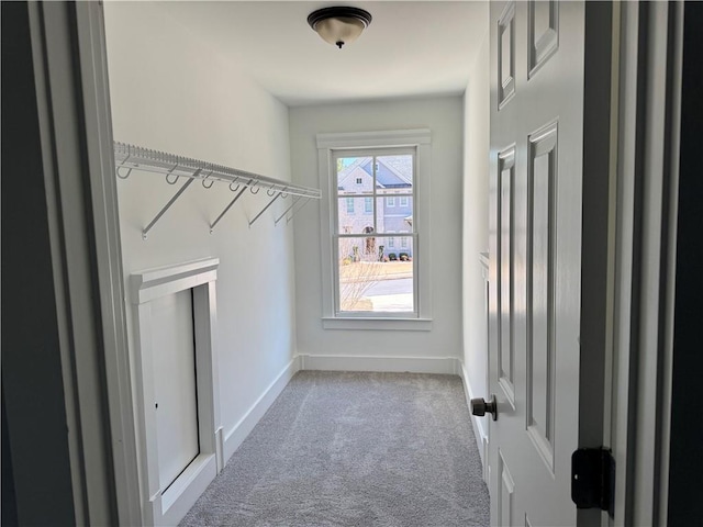 clothes washing area with carpet floors and baseboards