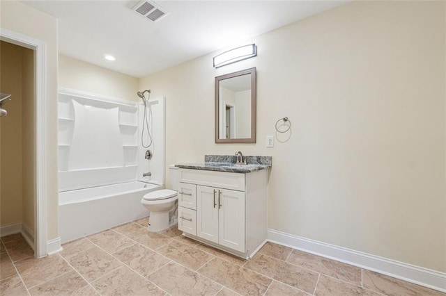 full bathroom with washtub / shower combination, vanity, and toilet