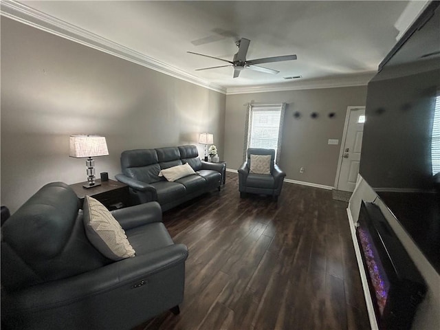 127 Spring Way Sq, Canton, GA 30114 - living room with ceiling fan, dark wood-style floors, and crown molding
