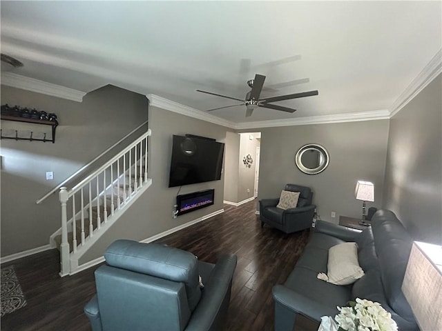 127 Spring Way Sq, Canton, GA 30114 - living room with wood finished floors, crown molding, ceiling fan, stairs, and a glass covered fireplace