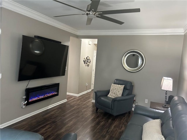 127 Spring Way Sq, Canton, GA 30114 - living room featuring crown molding, wood finished floors, a ceiling fan, and a glass covered fireplace