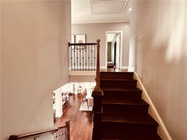staircase with baseboards and wood finished floors