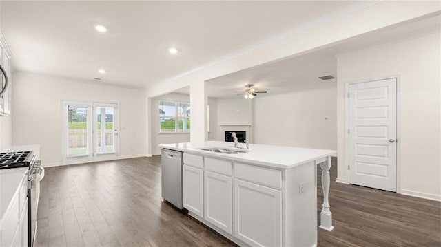 989 Blue Juniper Cir, Loganville, GA 30052 - kitchen featuring open floor plan, a sink, ceiling fan, appliances with stainless steel finishes, and a fireplace