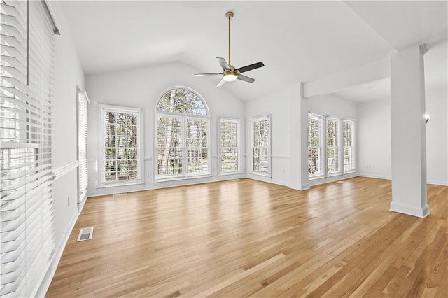 unfurnished living room featuring a ceiling fan, visible vents, light wood finished floors, baseboards, and lofted ceiling