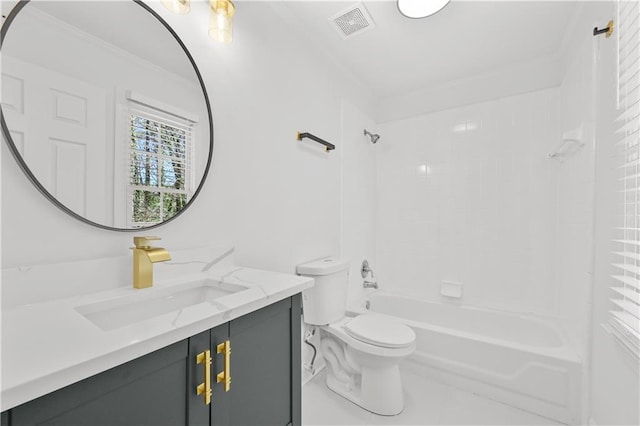 full bathroom featuring visible vents, crown molding, toilet, shower / bathtub combination, and vanity