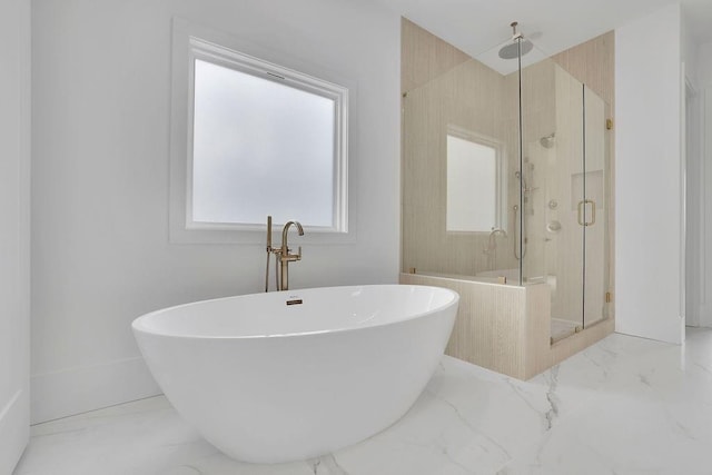 315 Hillcrest View Dr, Suwanee, GA 30024 - bathroom featuring a stall shower, a soaking tub, and marble finish flooring
