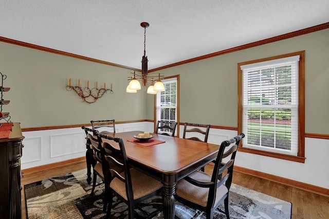 dining area with wood finished floors, wainscoting, and crown molding