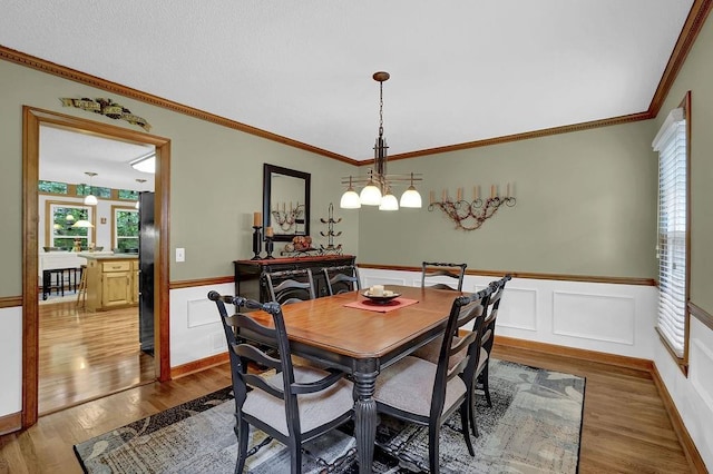 dining area featuring a wainscoted wall, healthy amount of natural light, wood finished floors, ornamental molding, and a decorative wall