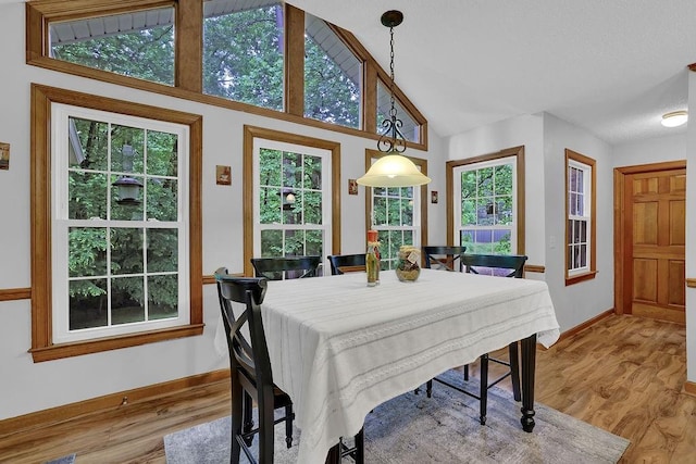 dining room with baseboards, light wood-type flooring, and lofted ceiling