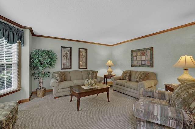 living room featuring crown molding, carpet floors, and baseboards