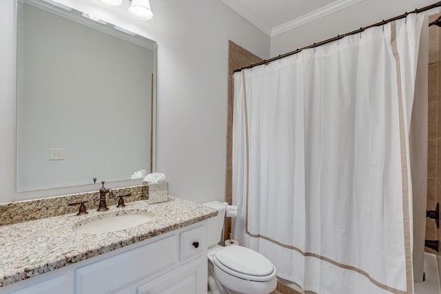 bathroom featuring vanity, curtained shower, toilet, and ornamental molding