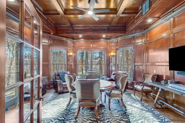 sunroom with beamed ceiling, wood ceiling, and coffered ceiling