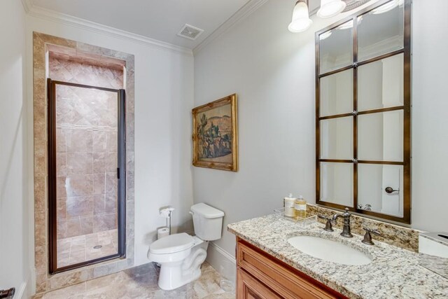 bathroom featuring walk in shower, toilet, vanity, and ornamental molding