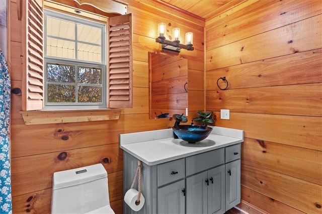 bathroom with vanity, wood walls, and toilet