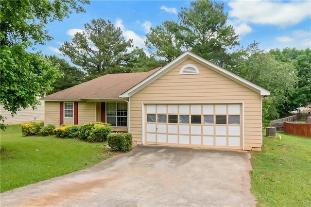9550 Canvasback Ct, Jonesboro, GA 30238 - ranch-style home featuring concrete driveway, a front yard, a garage, and central AC unit