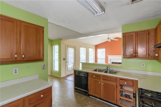 9550 Canvasback Ct, Jonesboro, GA 30238 - kitchen featuring dishwasher, a sink, stove, light countertops, and vaulted ceiling