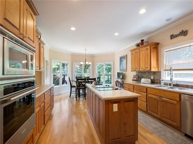 4523 Warwick Glen Pl, Flowery Branch, GA 30542 - kitchen featuring stainless steel appliances, a sink, a chandelier, a kitchen island, and light wood-style flooring
