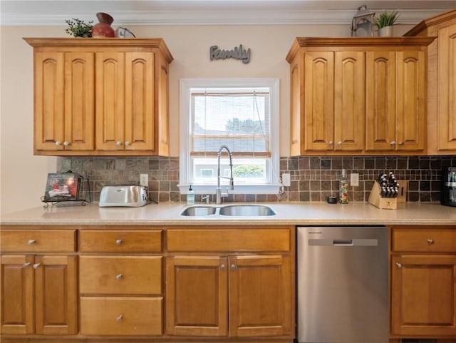 4523 Warwick Glen Pl, Flowery Branch, GA 30542 - kitchen with stainless steel dishwasher, a sink, light countertops, decorative backsplash, and ornamental molding