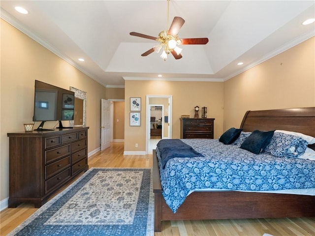 4523 Warwick Glen Pl, Flowery Branch, GA 30542 - bedroom featuring a tray ceiling, light wood finished floors, ornamental molding, recessed lighting, and baseboards