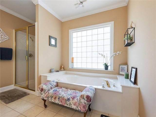 4523 Warwick Glen Pl, Flowery Branch, GA 30542 - bathroom with tile patterned floors, a shower stall, a garden tub, and crown molding